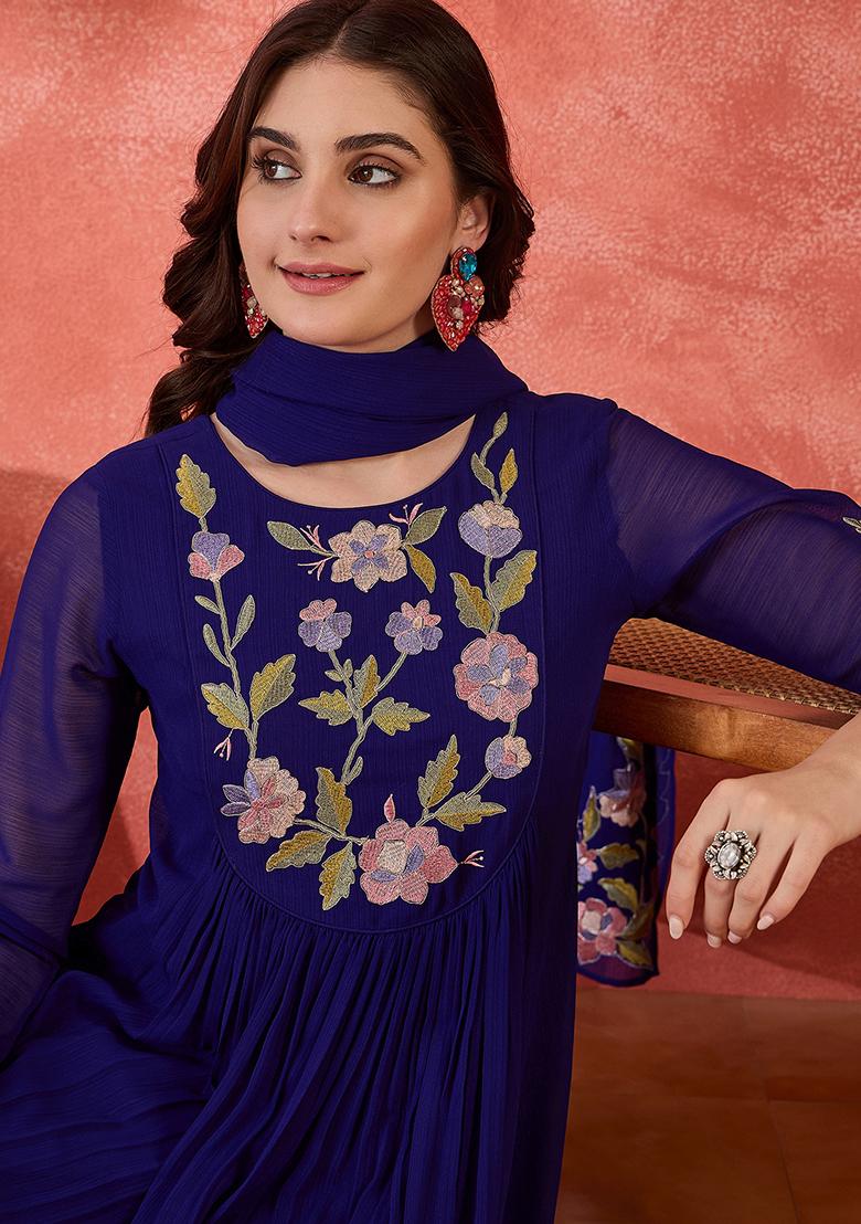 Royal Blue Embroidered Cotton Anarkali Set