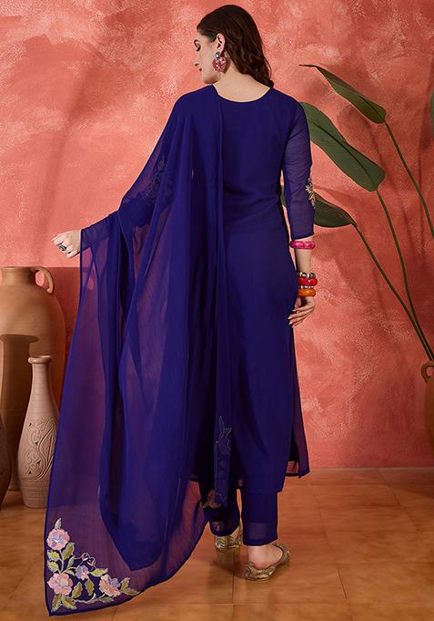 Royal Blue Embroidered Cotton Anarkali Set