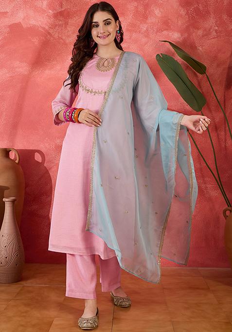 Light Pink Embroidered Organza Straight Kurta Set