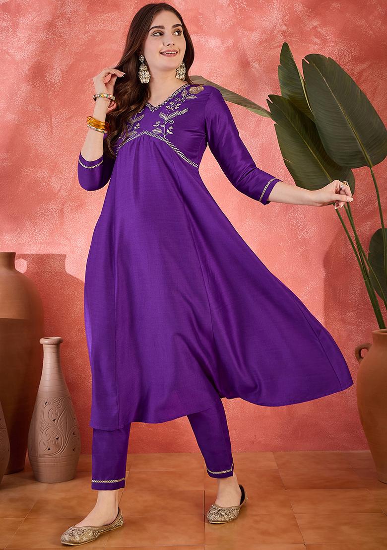 Purple Embroidered Silk Anarkali Set