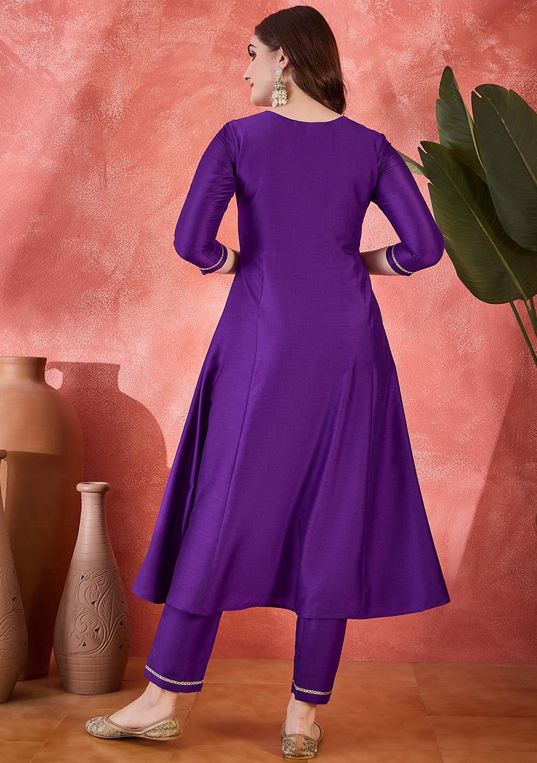 Purple Embroidered Silk Anarkali Set