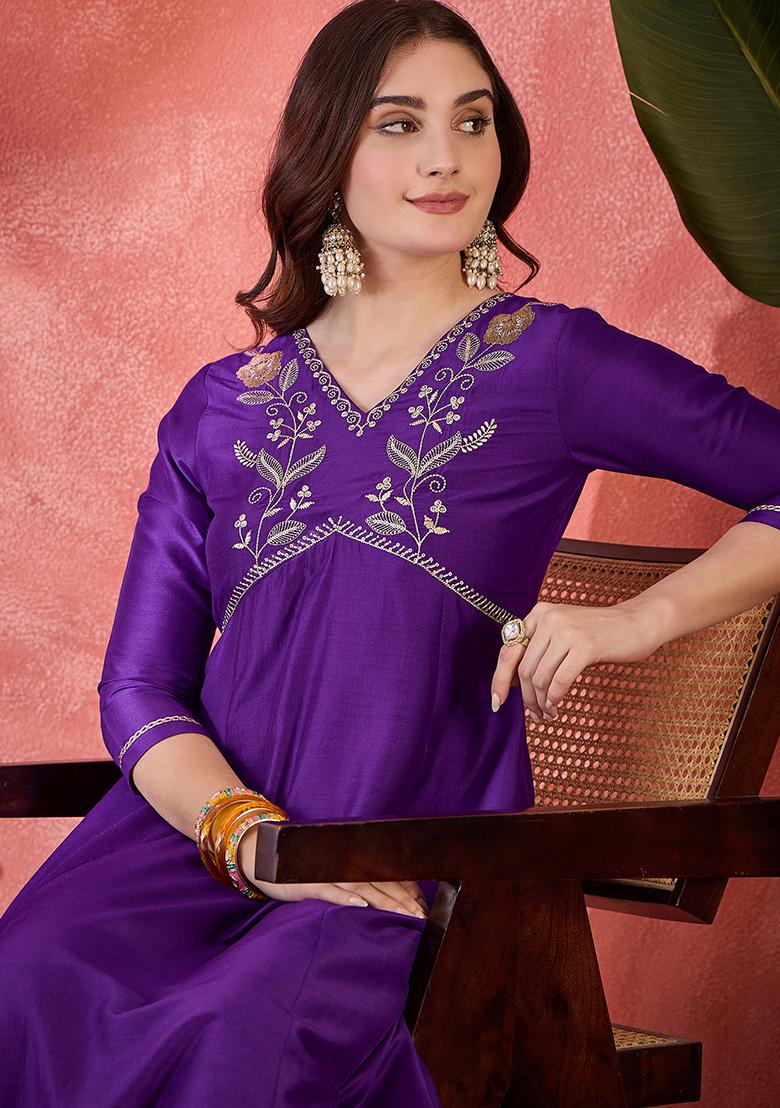Purple Embroidered Silk Anarkali Set