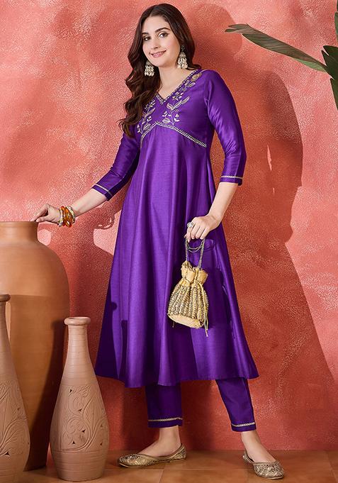 Purple Embroidered Silk Anarkali Set