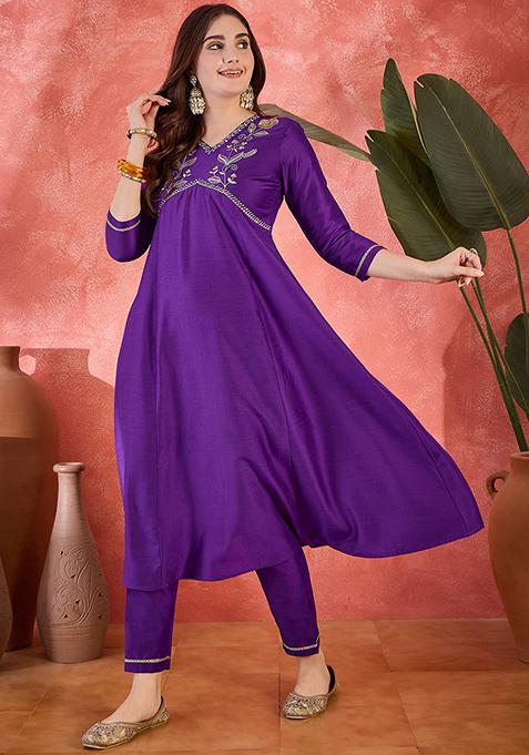 Purple Embroidered Silk Anarkali Set
