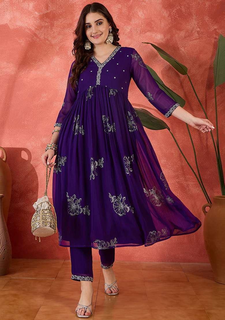 Purple Embroidered Georgette A Line Kurta Set - Indya