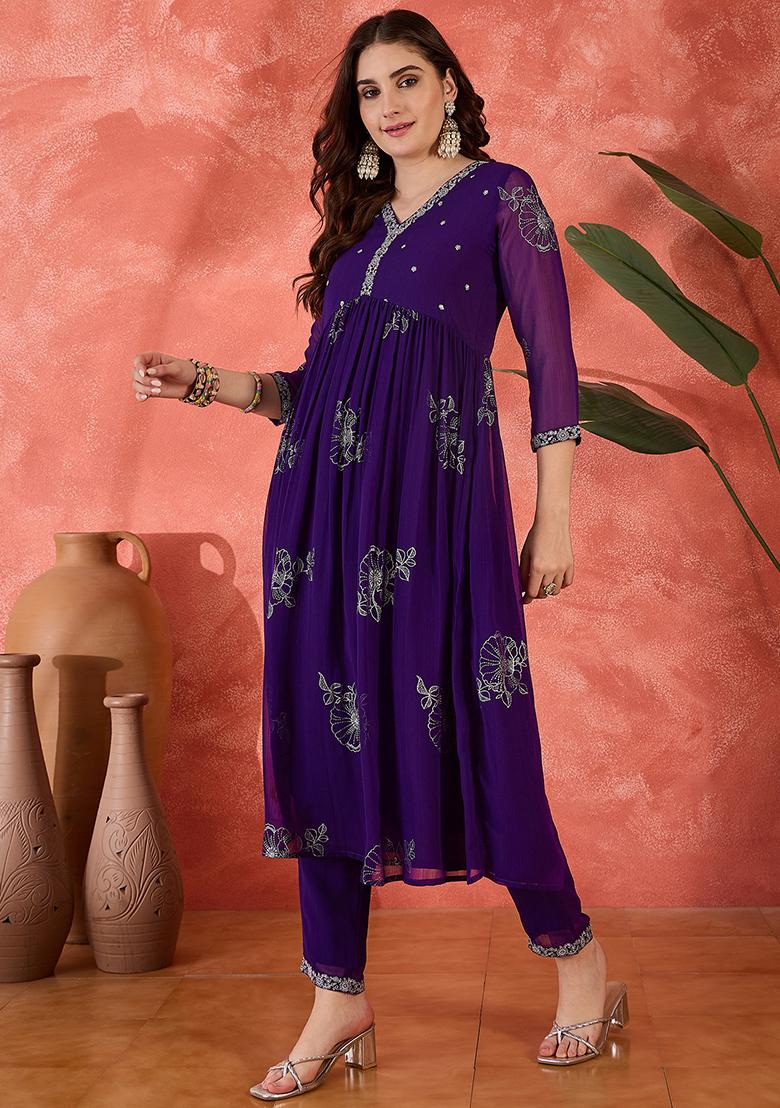 Purple Embroidered Georgette Anarkali Set