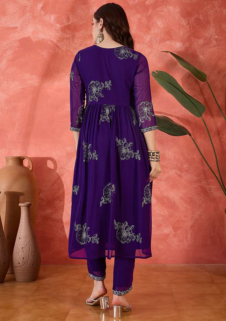 Purple Embroidered Georgette A Line Kurta Set - Indya