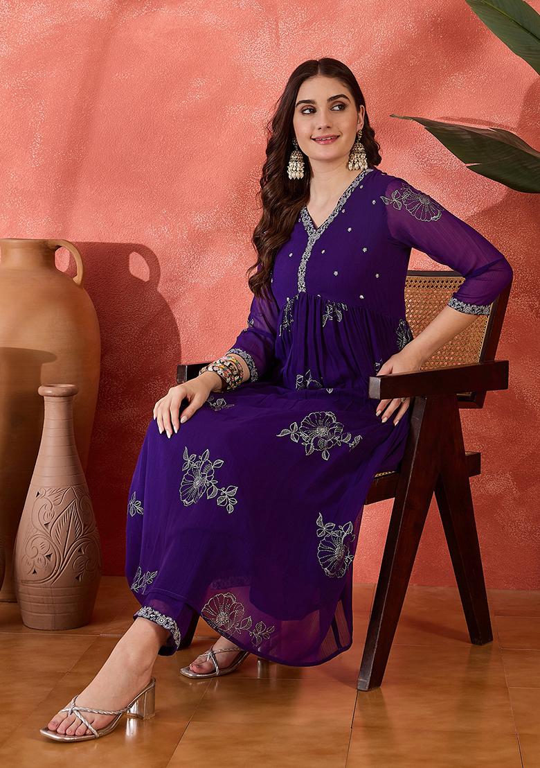 Purple Embroidered Georgette Anarkali Set