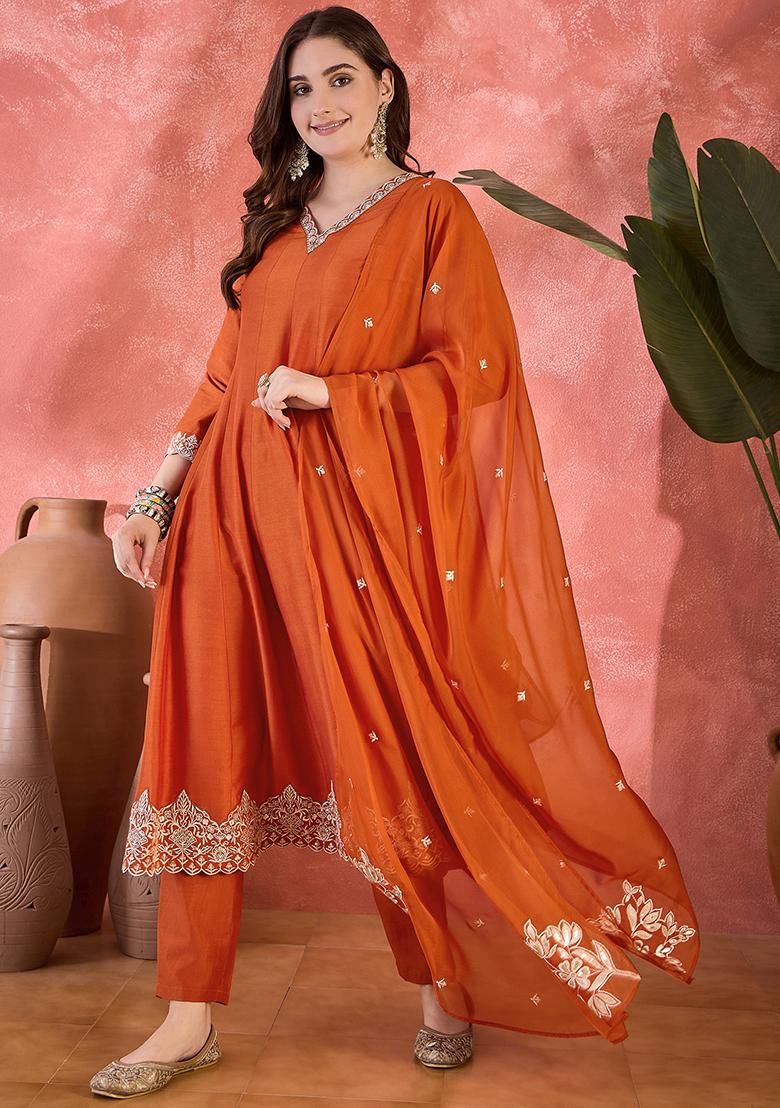 Orange Embroidered Silk Salwar Kameez