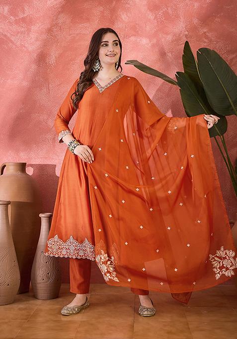 Orange Embroidered Silk Salwar Kameez