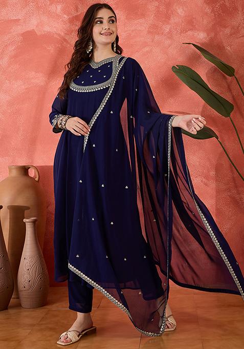 Royal Blue Embroidered Georgette Pakistani Suit Set