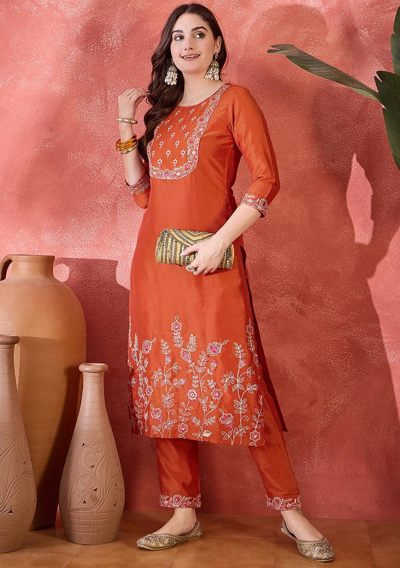 Orange Embroidered Silk Salwar Kameez