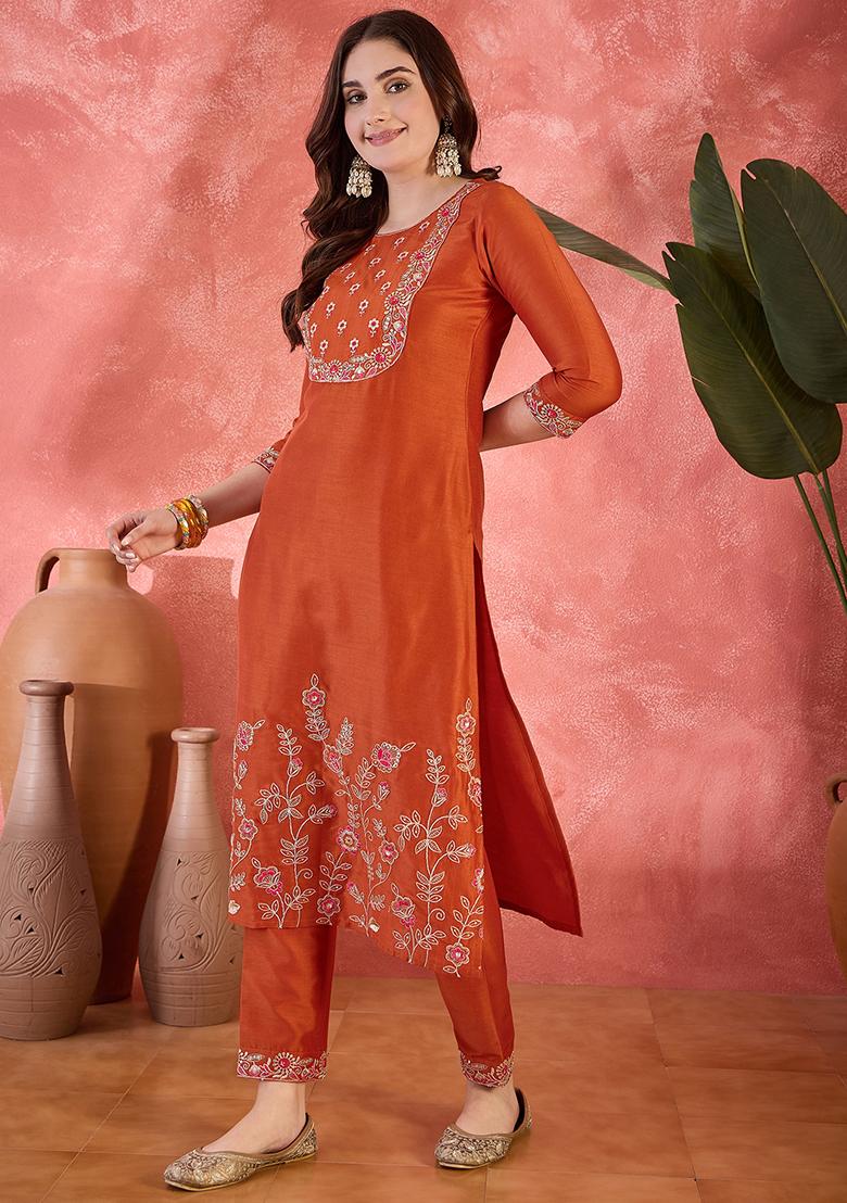 Orange Embroidered Silk Salwar Kameez