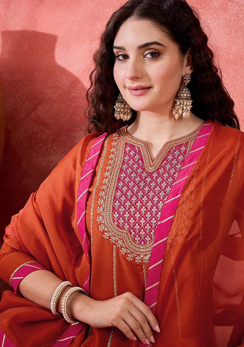 Orange Embroidered Silk Salwar Kameez