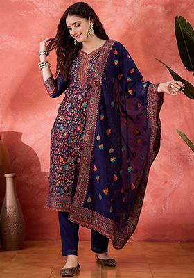 Blue Embroidered Cotton Salwar Kameez