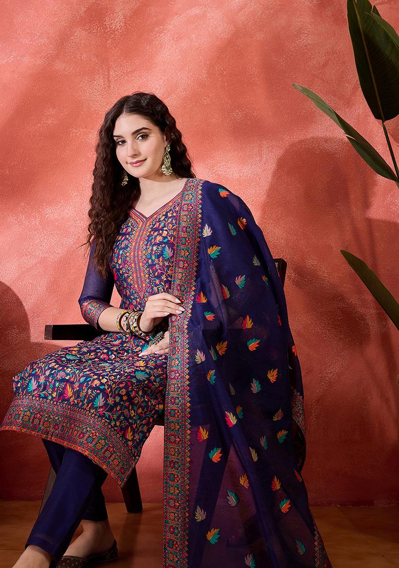 Blue Embroidered Cotton Salwar Kameez