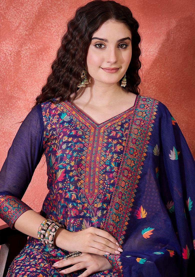 Blue Embroidered Cotton Salwar Kameez