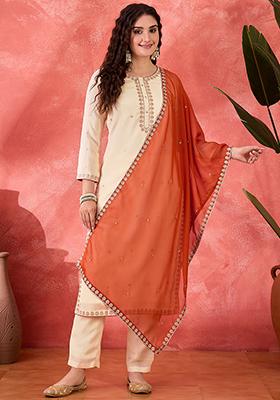 Off White Embroidered Chinon Salwar Kameez