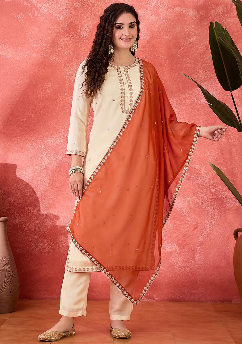 Off White Embroidered Chinon Salwar Kameez