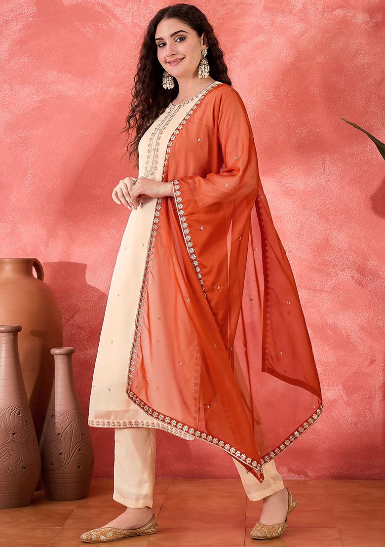 Off White Embroidered Chinon Salwar Kameez