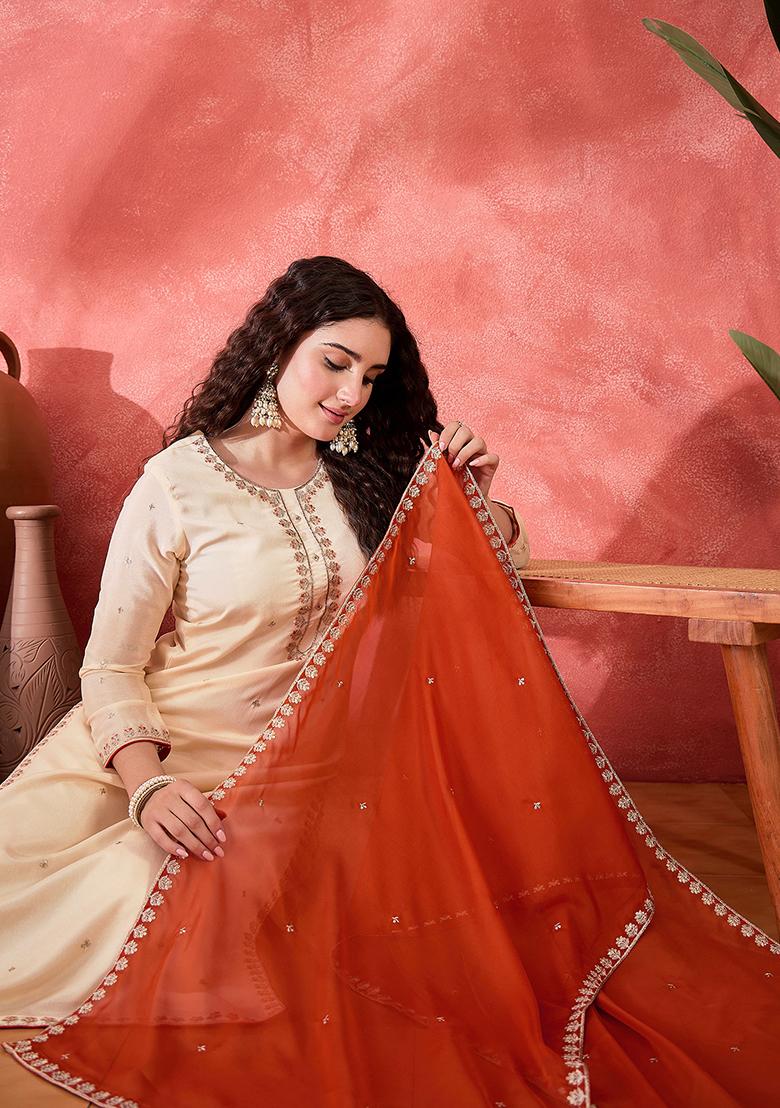 Off White Embroidered Chinon Salwar Kameez