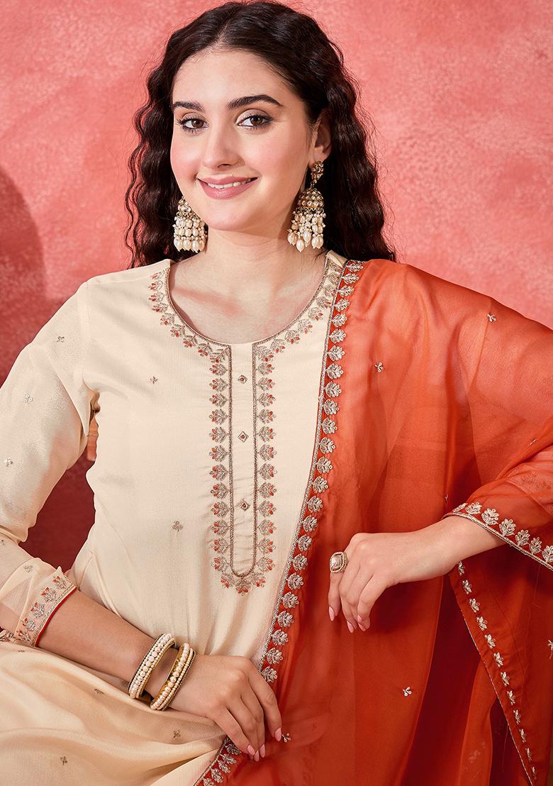 Off White Embroidered Chinon Salwar Kameez