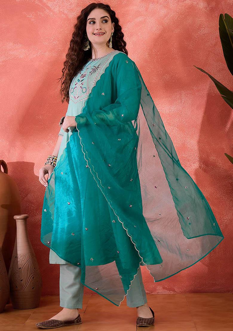 Sky Blue Embroidered Silk Salwar Kameez