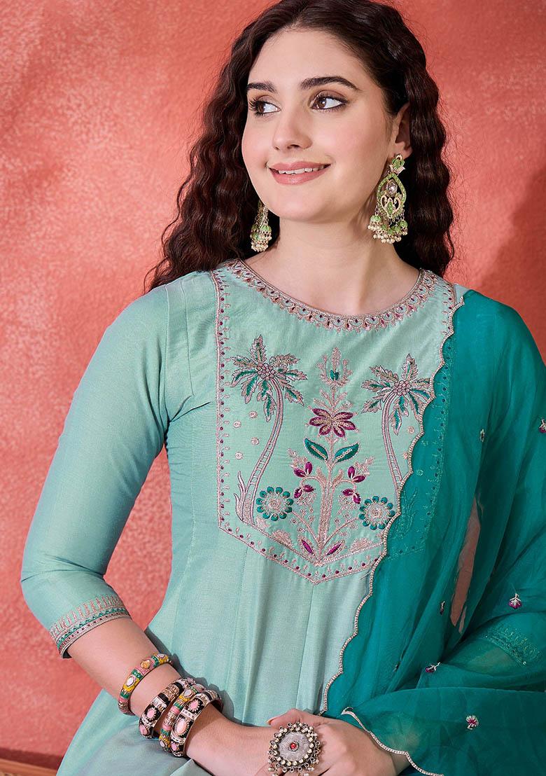 Sky Blue Embroidered Silk Salwar Kameez