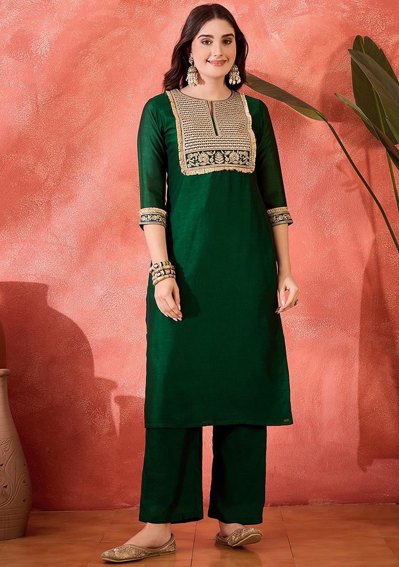 Green Embroidered Vichitra Salwar Kameez