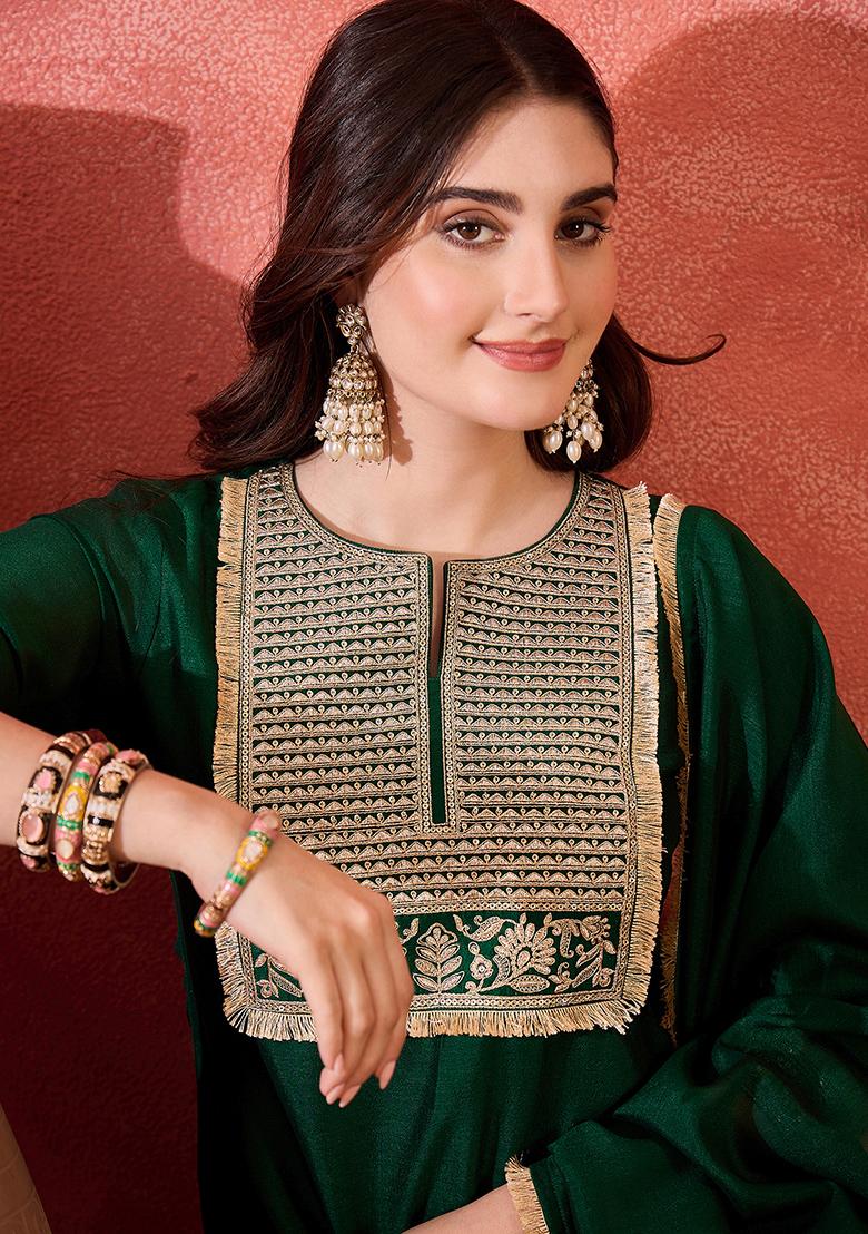 Green Embroidered Vichitra Salwar Kameez