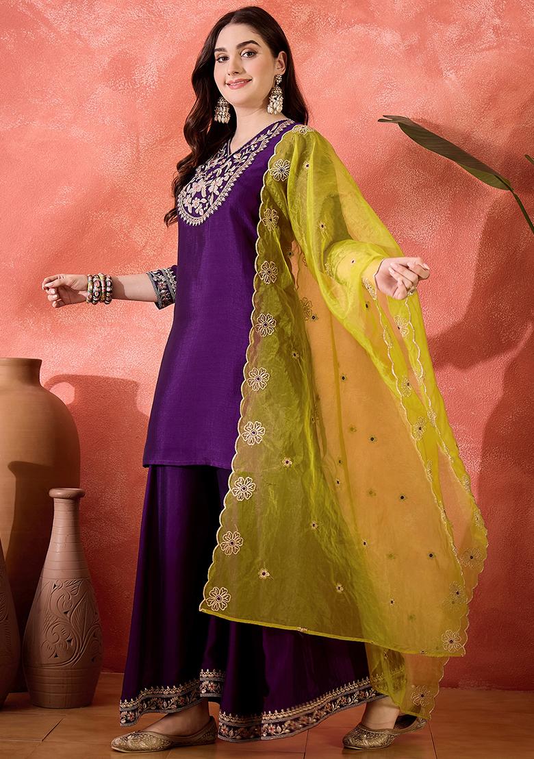 Purple Embroidered Organza Palazzo Set