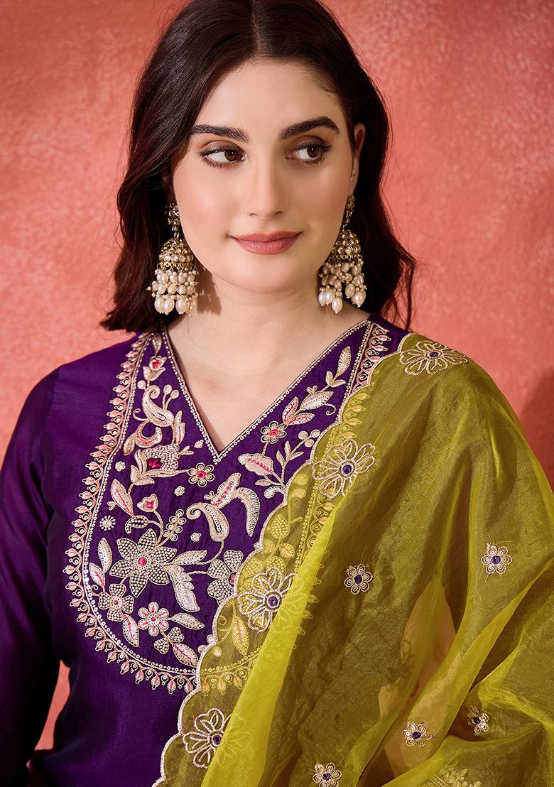 Purple Embroidered Organza Palazzo Set