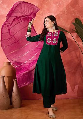 Green Embroidered Vichitra Salwar Kameez