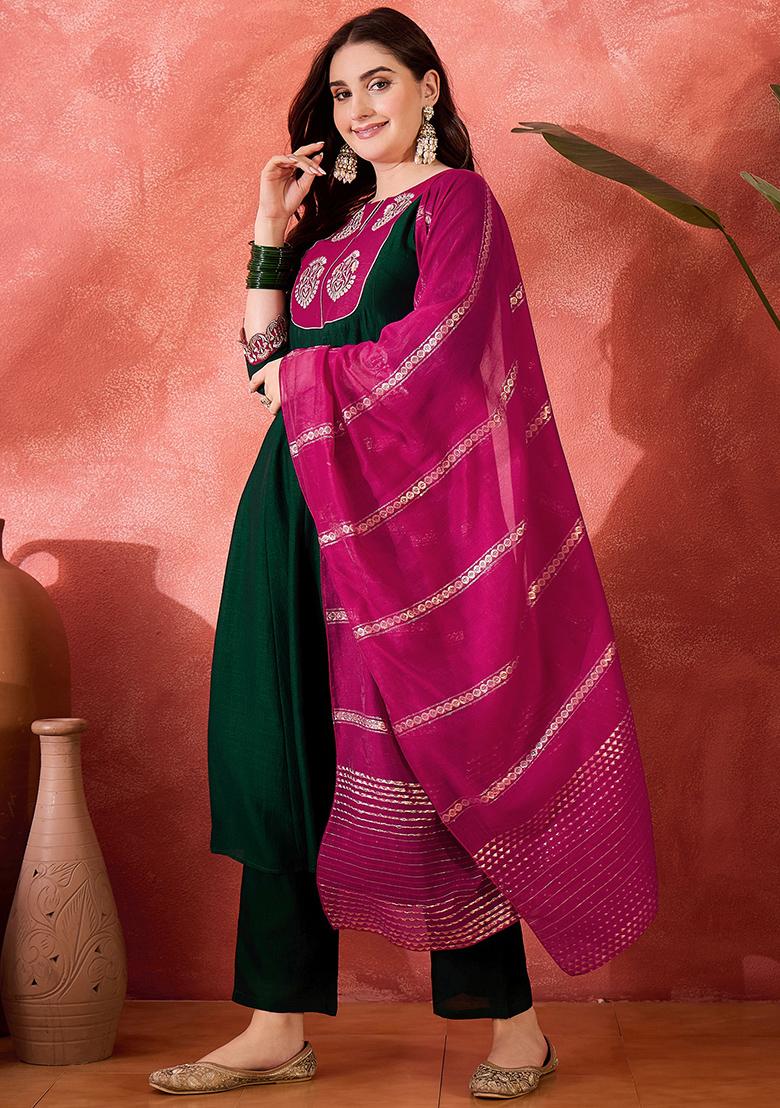 Green Embroidered Vichitra Salwar Kameez