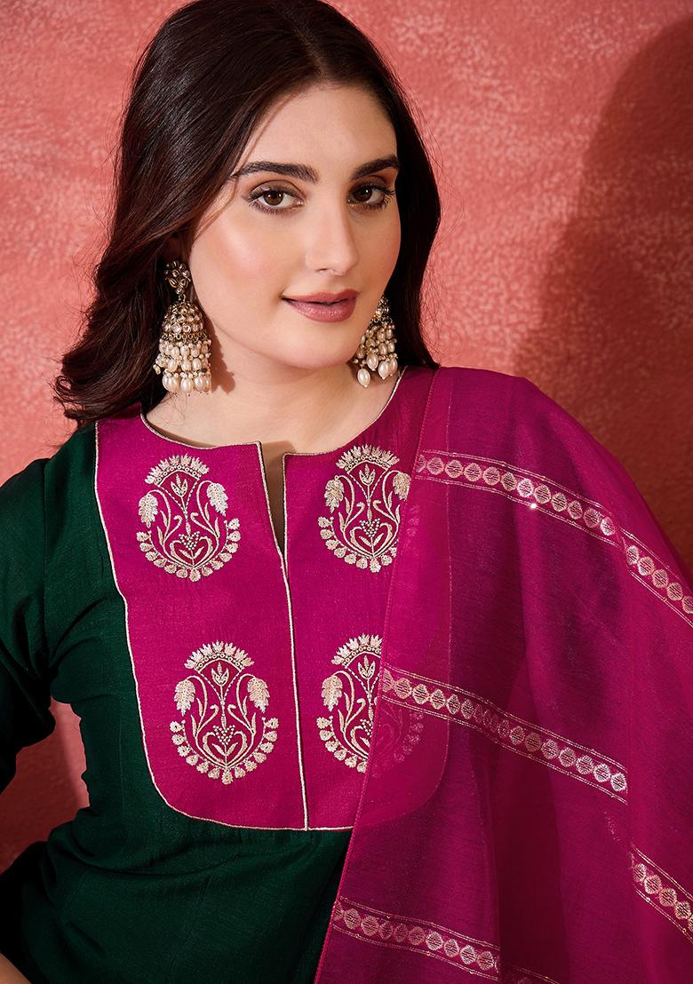 Green Embroidered Vichitra Salwar Kameez