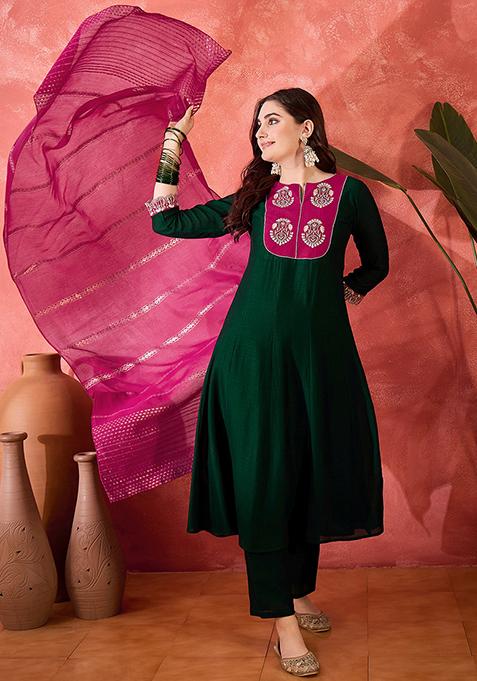 Green Embroidered Vichitra Salwar Kameez