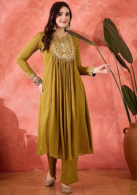Mustard Yellow Embroidered Chinon Salwar Kameez