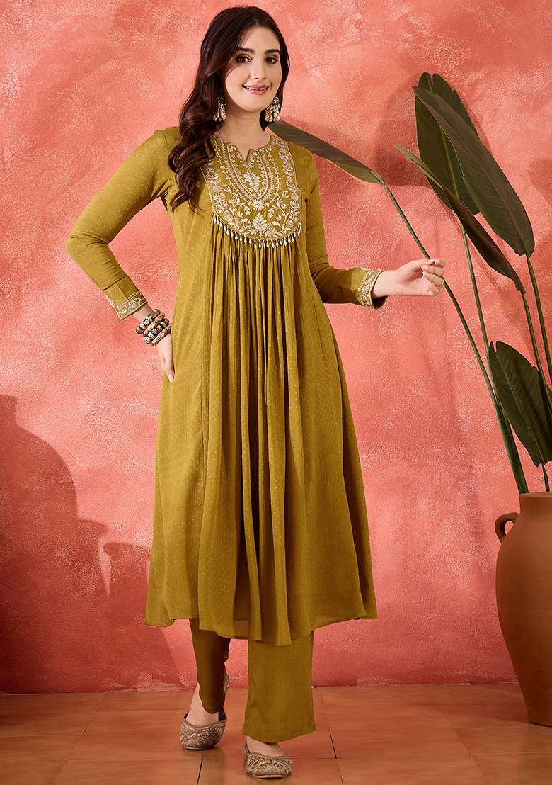 Mustard Yellow Embroidered Chinon A Line Kurta Set - Indya