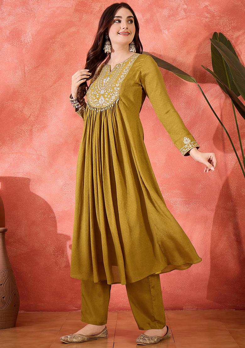 Mustard Yellow Embroidered Chinon Salwar Kameez