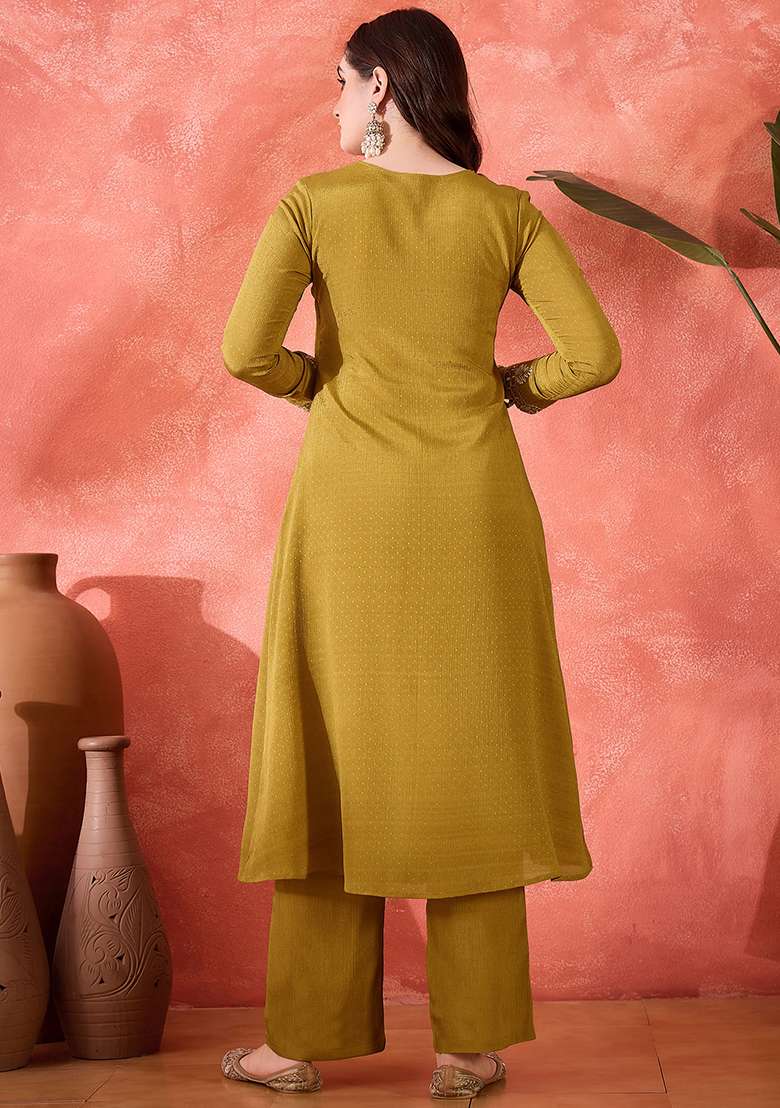 Mustard Yellow Embroidered Chinon A Line Kurta Set - Indya
