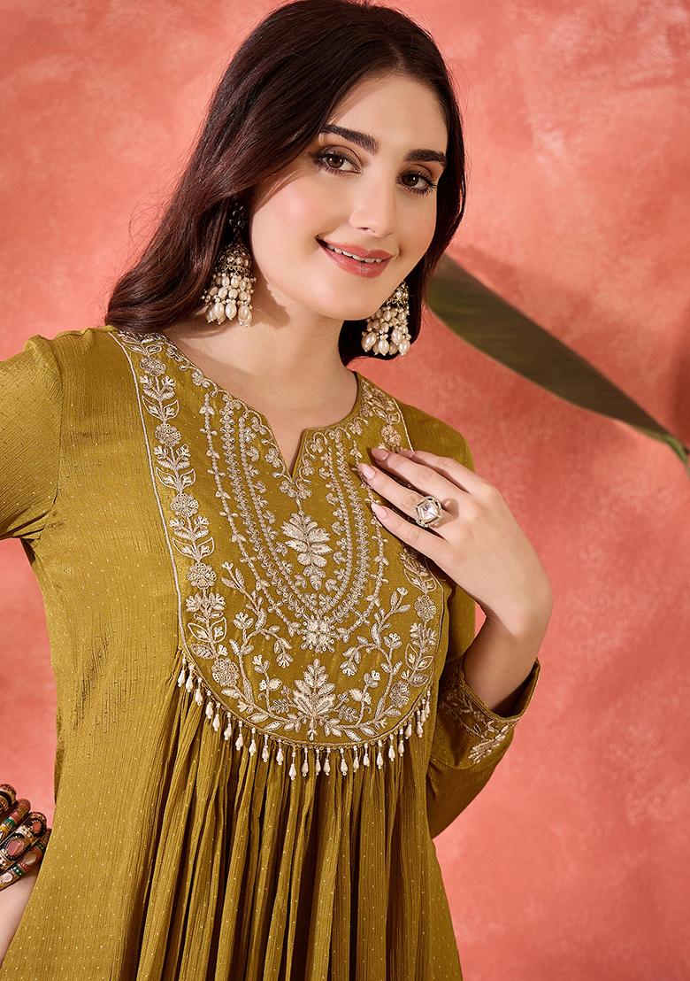 Mustard Yellow Embroidered Chinon Salwar Kameez