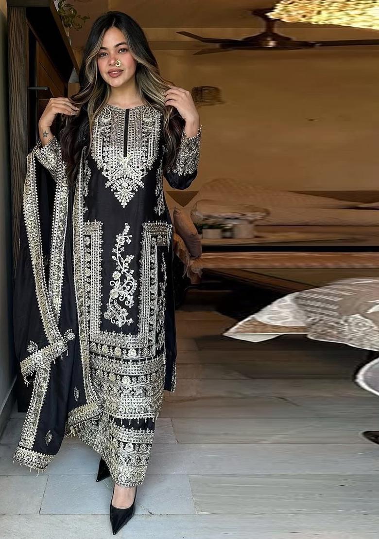 Black Embroidered Chinon Pakistani Salwar Kameez