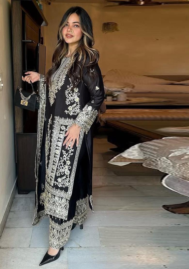 Black Embroidered Chinon Pakistani Salwar Kameez