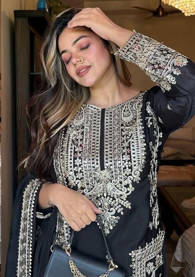 Black Embroidered Chinon Pakistani Salwar Kameez