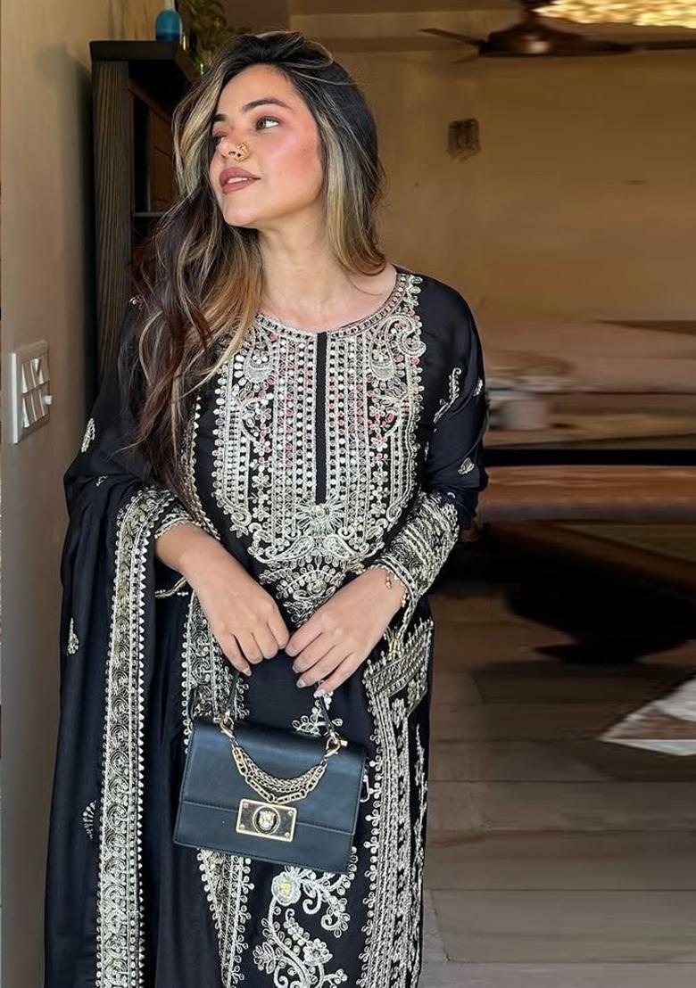 Black Embroidered Chinon Pakistani Salwar Kameez