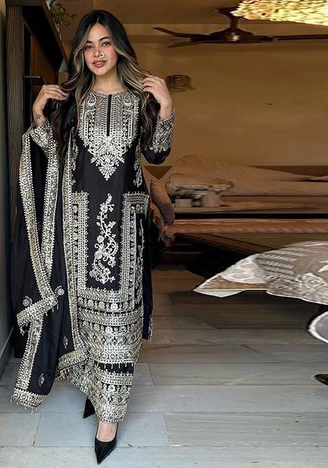 Black Embroidered Chinon Pakistani Salwar Kameez