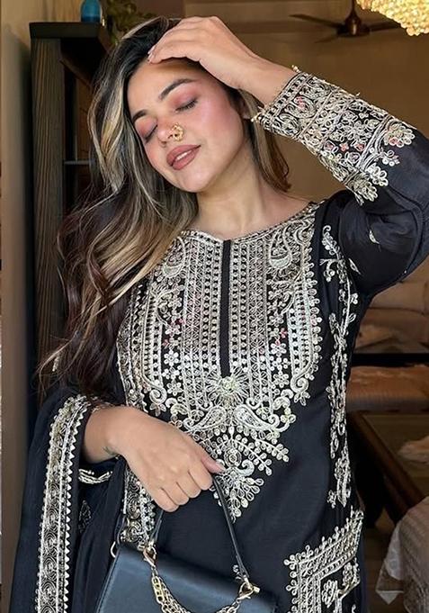 Black Embroidered Chinon Pakistani Salwar Kameez