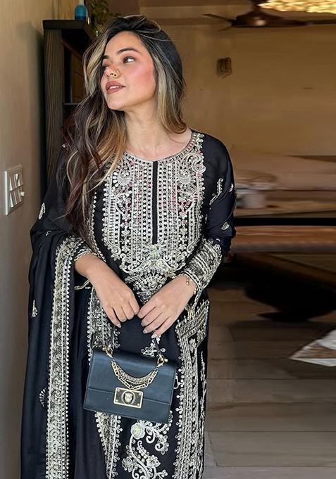 Black Embroidered Chinon Pakistani Salwar Kameez