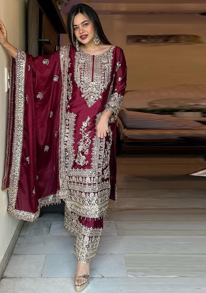 Maroon Embroidered Chinon Pakistani Salwar Kameez