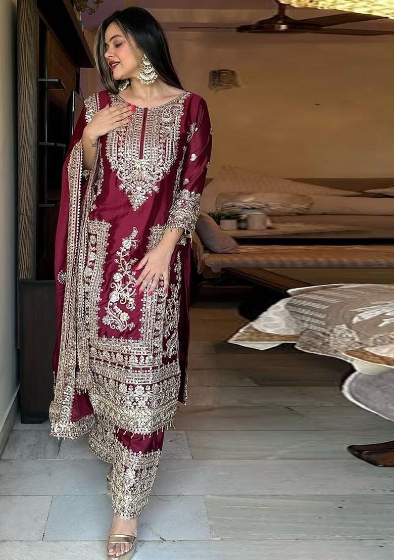 Maroon Embroidered Chinon Pakistani Salwar Kameez